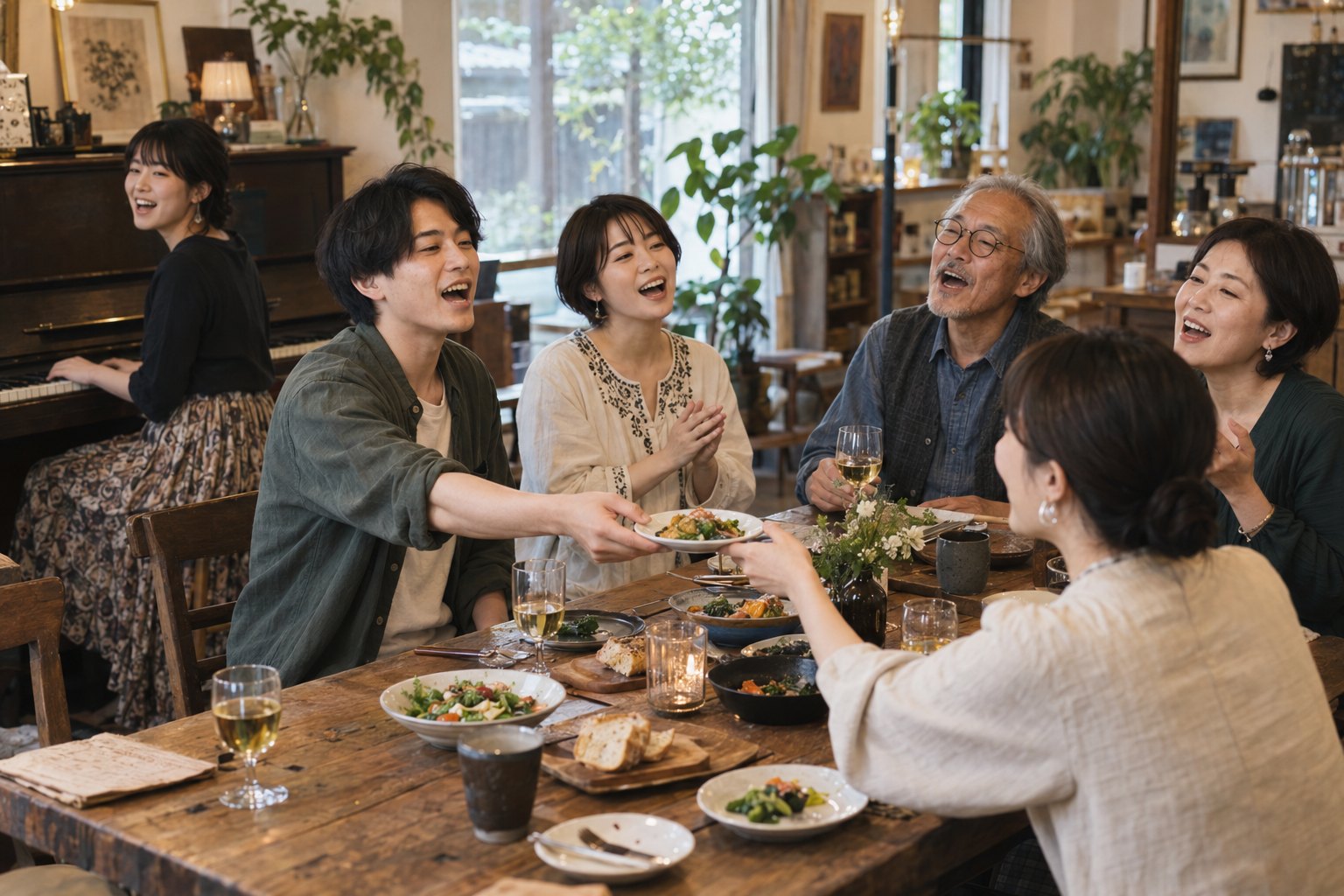 小さなカフェで、歌いながら料理を回す人たち。